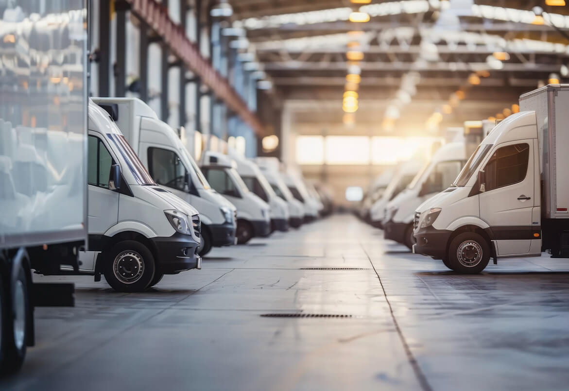 Fleet of delivery trucks and vans lined up at Brisbane logistics yard