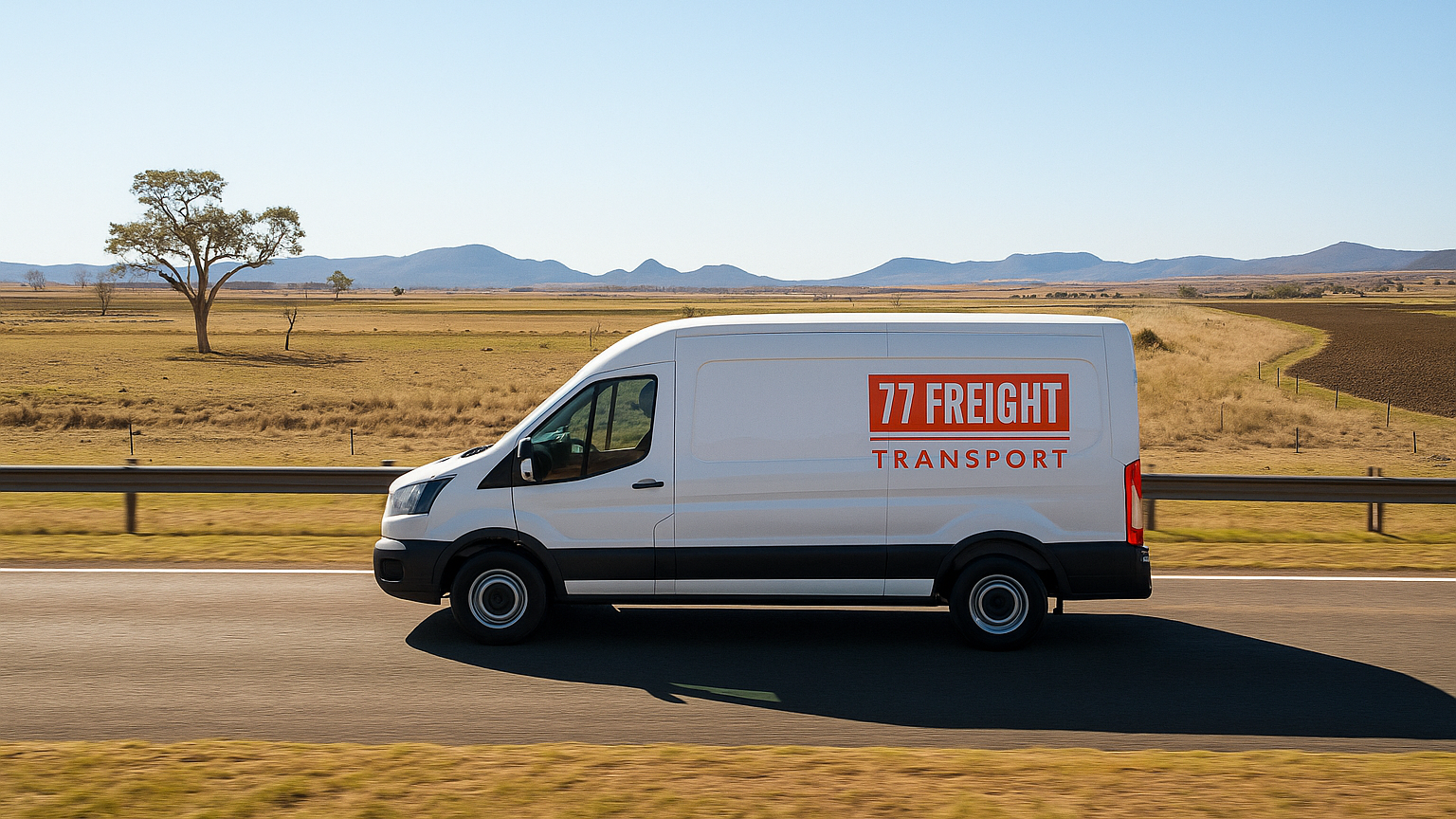 77 Freight Transport van driving on Queensland highway during interstate delivery