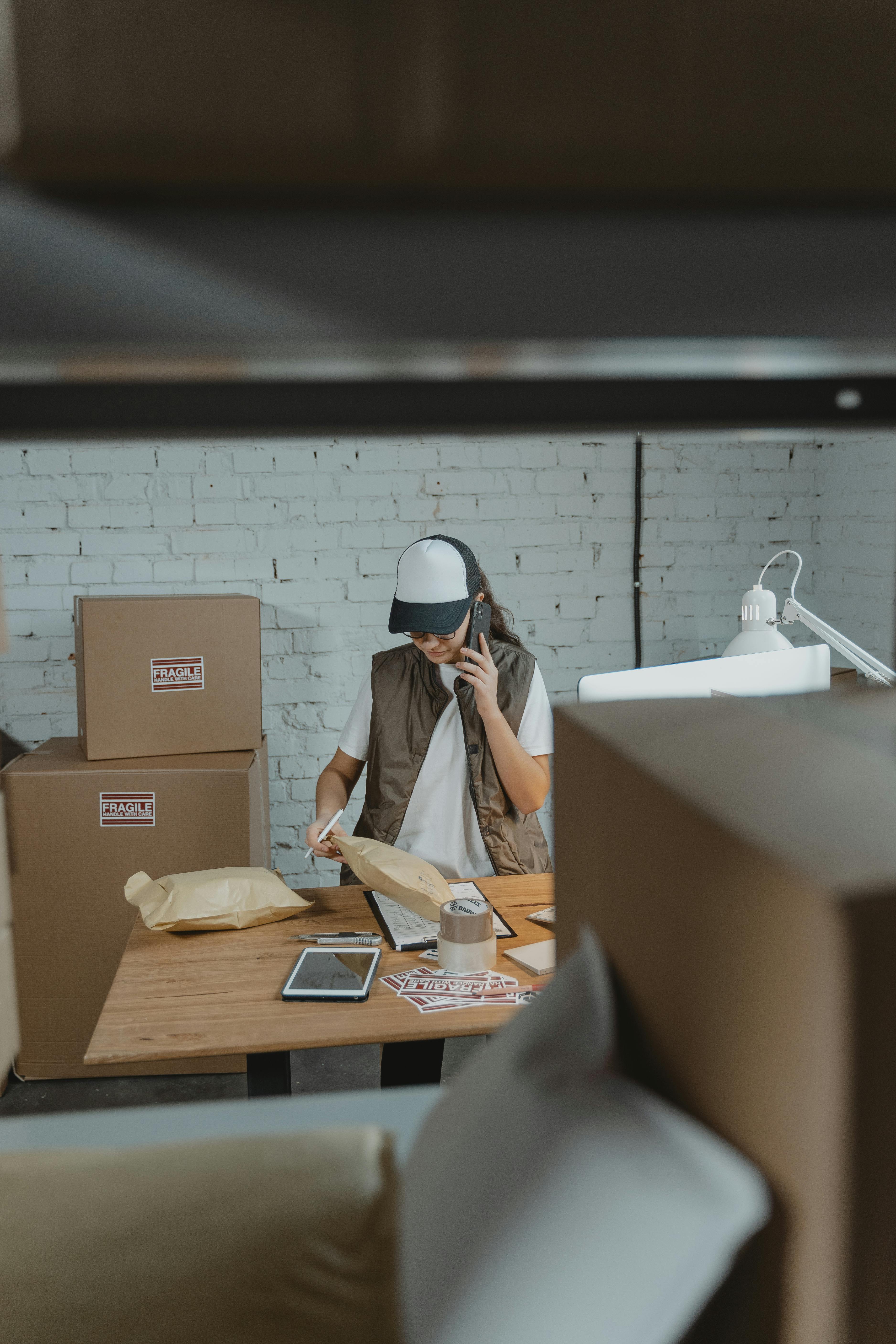 Person packaging items in a room with boxes and a tablet.